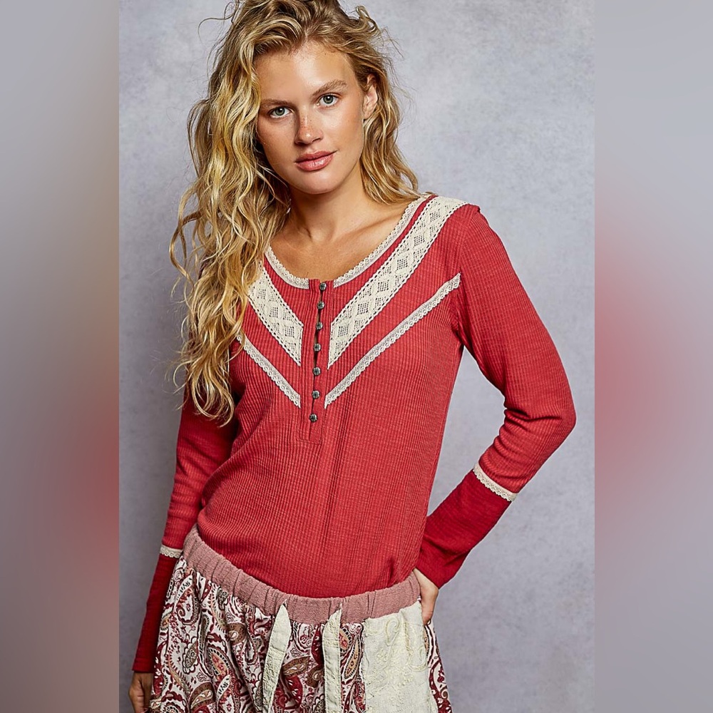 #477. Lola Crochet Henley - Raspberry Rose - Picture 2 of 4